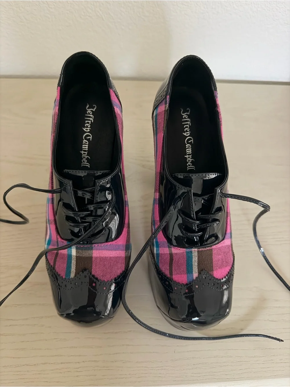 Women's Pink Plaid Platform Lace-Up Heels